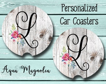 Personalized Shabby Chic Car Coaster - Floral Initial - Weathered Wood - Personalized - Car Coaster - Car Accessory - Monogrammed