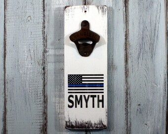 Policeman Thin Blue Line American Flag Custom Name Vintage Styled Wall Mounted Bottle Opener