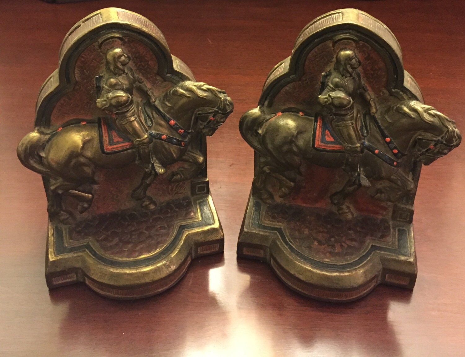 Antique Horse Bookends, Bronze Armor Bookends, Medieval Knight on Horse