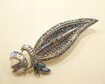 Stunning Vintage AB Rhinestone Figural Leaf Brooch / Pin
