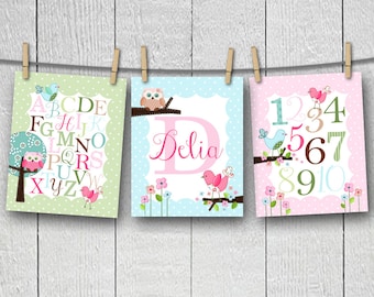 Set of 3 Personalized Sweet Little Owls Alphabet and Numbers Girls Bedroom Nursery 8 x 10 ART PRINTS
