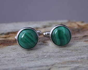 Malachite cuff links, gemstone cufflinks, male gift.