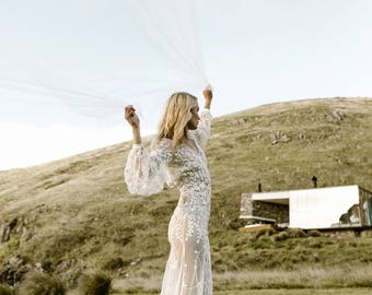 Modern Long Sleeves Embroidered Wedding Dress Silk Satin Modern Bridal Gown by Australian L’eto Bridal - Piece 8