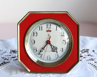 Vintage alarm clock Wind up mechanical clock Chinese desk clock Old table clock Polaris Red and gold retro