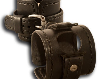 Black Apple iWatch Leather Cuff Watch Band with Stitching