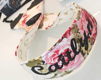 Personalized DSLR Camera Strap, Padded, Lens Cap Pocket, Nikon, Canon, DSLR Photography, Photographer Gift - Vintage Floral & Gold Arrows