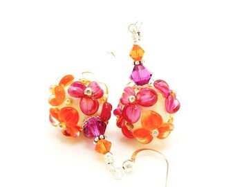 Hot Pink Orange Floral Earrings, Flower Earrings, Lampwork Earrings, Glass Bead Earrings, Glass Earrings, Bright Earrings, Colorful Earrings