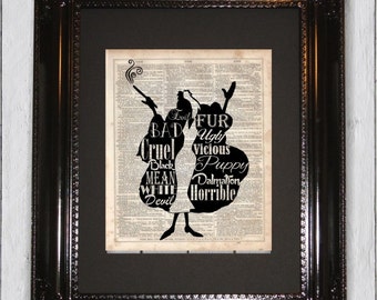 Cruella De Ville, Dictionary Art Print, Upcycled Book Art, Silhouette, dictionary page Wall Decor, Wall Hanging, Mixed Media Art