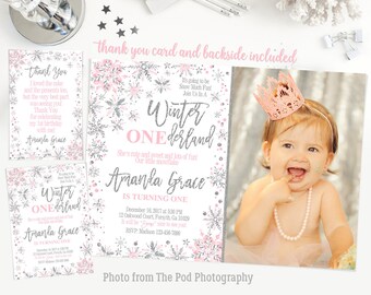 Winter onederland invitation girl, winter onederland first birthday party, pink and silver glitter, snowflakes first birthday invitation