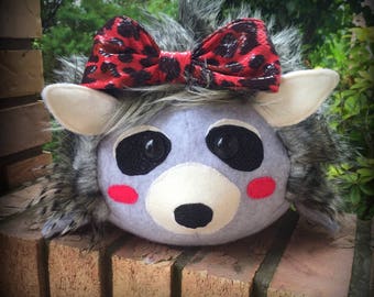 Jumbo Plush Raccoon. Handmade and Huggable. Wacky faux fur and fleece Plushie. Quirky stuffed animal