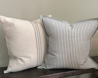 Farmhouse Pillow Set of 2-Grain Sack Pillow Cover & Blue Ticking Stripe Pillow Cover-Decorative Pillows-Farmhouse Decor-Home Decor