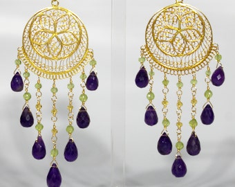 Handmade 22K Gold Vermeil Filigree Chandelier Earrings with Peridot, Citrine, and amethyst briolettes