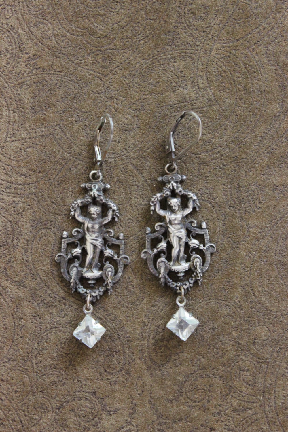 Antique French Sterling Goddess Medal Earrings with Art Deco