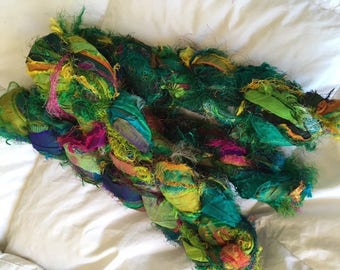 SALE 100 grams 1 skeins recycled silk ribbon knitting crochet craft embellishment yarn green emerald mix