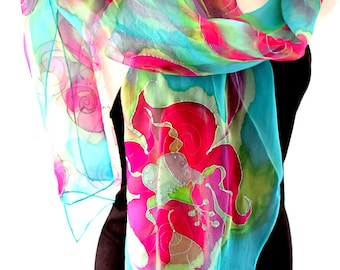 Hand Painted Silk Scarf, Aqua Blue Magenta Pink Silk Scarf, Orchids Silk Scarf, Flowers Silk Scarf, Silk Chiffon Scarf, Gift For Her
