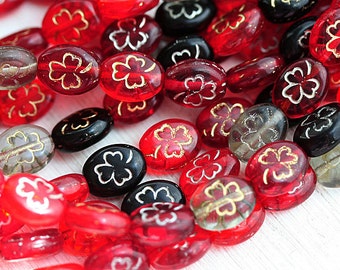 Shamrock Red clover beads mix Czech glass St. Patrick red flower beads 10x8mm - 10Pc - 0279