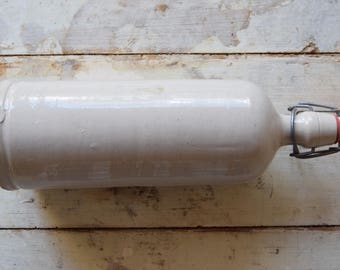 Enameled antique large stoneware bottle with porcelain stopper / France / Beige / gift