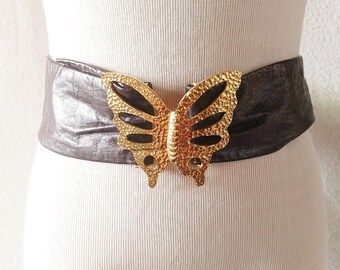Vintage Mimi Di N Gold Butterfly Belt Buckle with Black Leather Belt