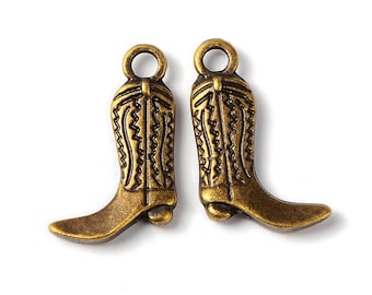10 Pieces Antique Bronze Fancy Cowboy Boot Charms