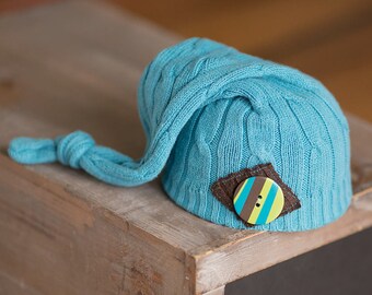 Newborn Boy Hat, Newborn Hats, Newborn Photography Prop, Blue Newborn Hat with Button, Newborn Knot Hat, Upcycled Newborn Hat, Photo Props