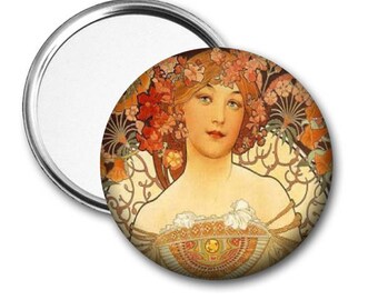 Art Nouveau..Alphonse Mucha..Pocket Mirror.Magnet.Pinback..Unique Gift..Birthday Gift..Party Favor..Fundraiser
