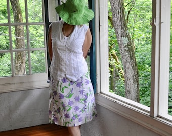 Vtg 70s Bird Print Vested Gentress Cotton Skirt/Novelty Parrot Print/Purple Green White/Size 8