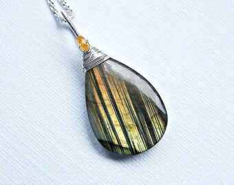 Labradorite necklace, labradorite pendant, wire wrapped large labradorite focal teardrop in sterling silver, orange spessartite garnet