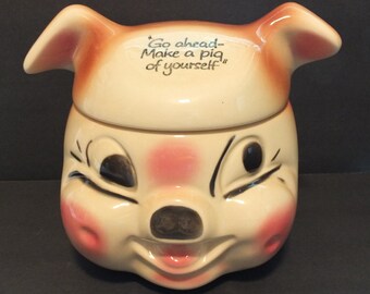 American Bisque Cardinal USA Pig Head Cookie Jar "Go Ahead Make A Pig Of Yourself" Cookie Jar