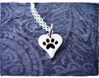 Tiny Silver Heart Paw Print Necklace - Sterling Silver Heart Paw Print Charm on a Delicate Sterling Silver Cable Chain or Charm Only