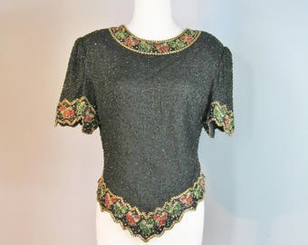 Beaded Top / Vtg 90s / Lawrence Kazar Black Beaded Sequined top for Christmas