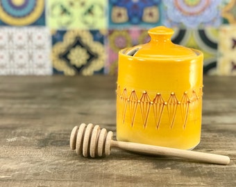 Honey pot: Porcelain honey pot mango glazed with red stamped pattern petite honey pot ceramic honey jar wooden honey dipper yellow honey pot