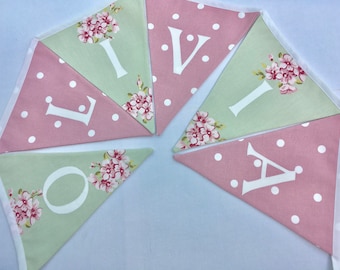 Personalized Bunting Personalised Name Pennant Banner Pale Green Floral and Pink Dotty - Please select amount of flags