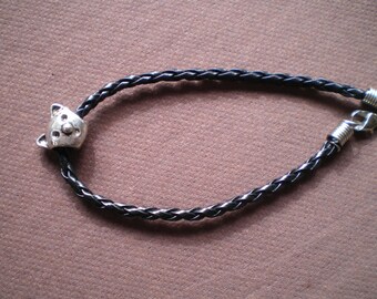 Black leather bracelet woven with silver cat charm