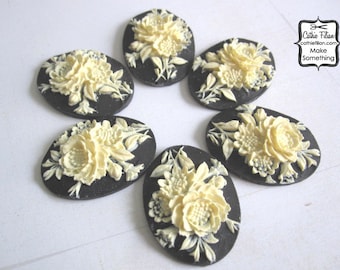 Shabby Rose Cabochon - set of 6 - unset - 40/30 - Black and Ivory - victorian vintage style