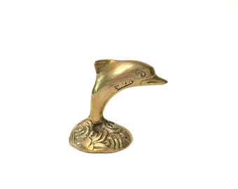 Vintage Brass Dolphin Paperweight Figurine - Small Gold Metal Jumping Dolphin