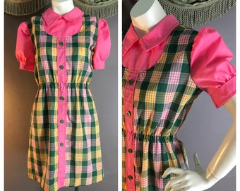 60s dress 1960s vintage GREEN PINK PLAID charming cotton puff sleeve mod dolly mini dress