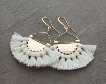 Fringe Earrings - White Tassel Earrings - Boho Tassel Earrings - Multi Tassel Earrings - Fan Earrings - Half Circle Earrings, Tassle Earring