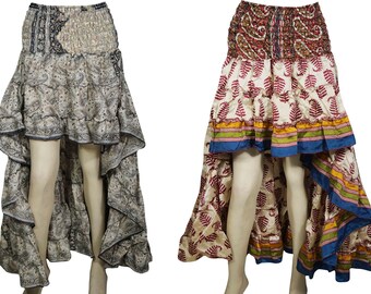Womens 2pc Hi Low Skirt Recycled Vintage Sari Gypsy Fashion Ruffle Flirty Flare Summer Skirts S/M