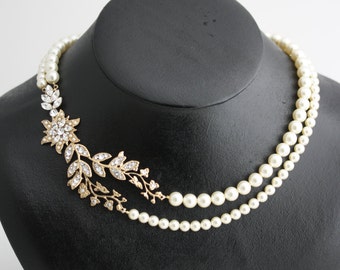 Wedding Necklace Statement Bridal Jewelry Necklace Leaf Wedding Necklace Vintage Bridal Necklace Flower Wedding Necklace Pearl Necklace TESS