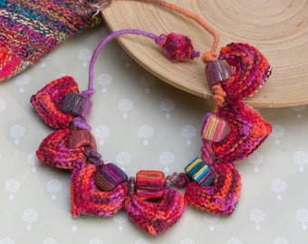 Colorful statement necklace, unique fiber jewelry, knitted heart necklace with bamboo beads, both sides wearable, OOAK