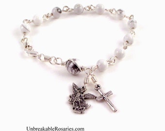 Rosary Bracelet Saint Michael The Archangel In White Magnesite by Unbreakable Rosaries