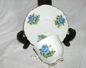 Vintage Bavaria China Teacup Saucer Blue Rose Gold Trim Z & Co Tirschenreuth