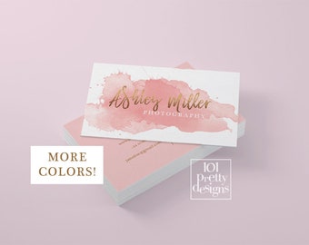 Watercolor business card template rose gold printable business card design gold and pink business card rose gold foil makeup artist glitter