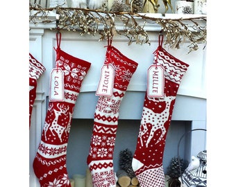 Knit Christmas Stockings - Red White - Renindeer or Snowflake Design Scandinavian Nordic Modern Holiday Theme