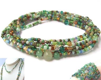 SALE Woodland Green Wrap Bracelet, green beaded wrap, wrap necklace, gemstone, long, beaded necklace, adventurine, boho, bohemian, seed bead