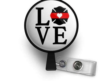 Thin Red Line of Courage LOVE Emblem Retractable ID Badge Reel
