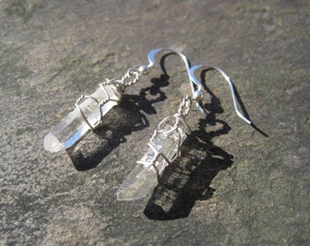 Quartz Crystal Earrings, Wire-Wrapped in Sterling Silver