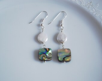 Abalone and white pearl drop earrings, beach weddin, abalone earrings, abalone jewelry, paua shell jewellry, pearl earrings