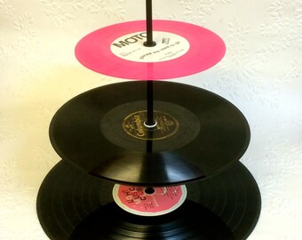 3 tier HOT PINK Vinyl Record Cupcake Stand Retro Cake Stand
