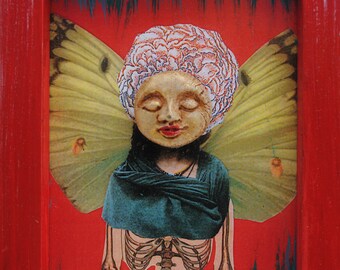 butterfly mixed media art collage, assemblage original, small